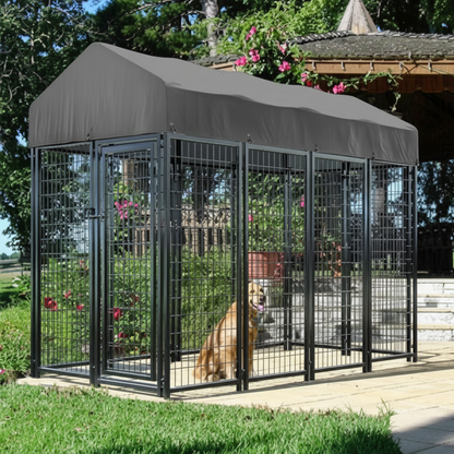 Outdoor Dog Kennel Heavy-Duty Metal Dog Enclosure with Weatherproof Roof