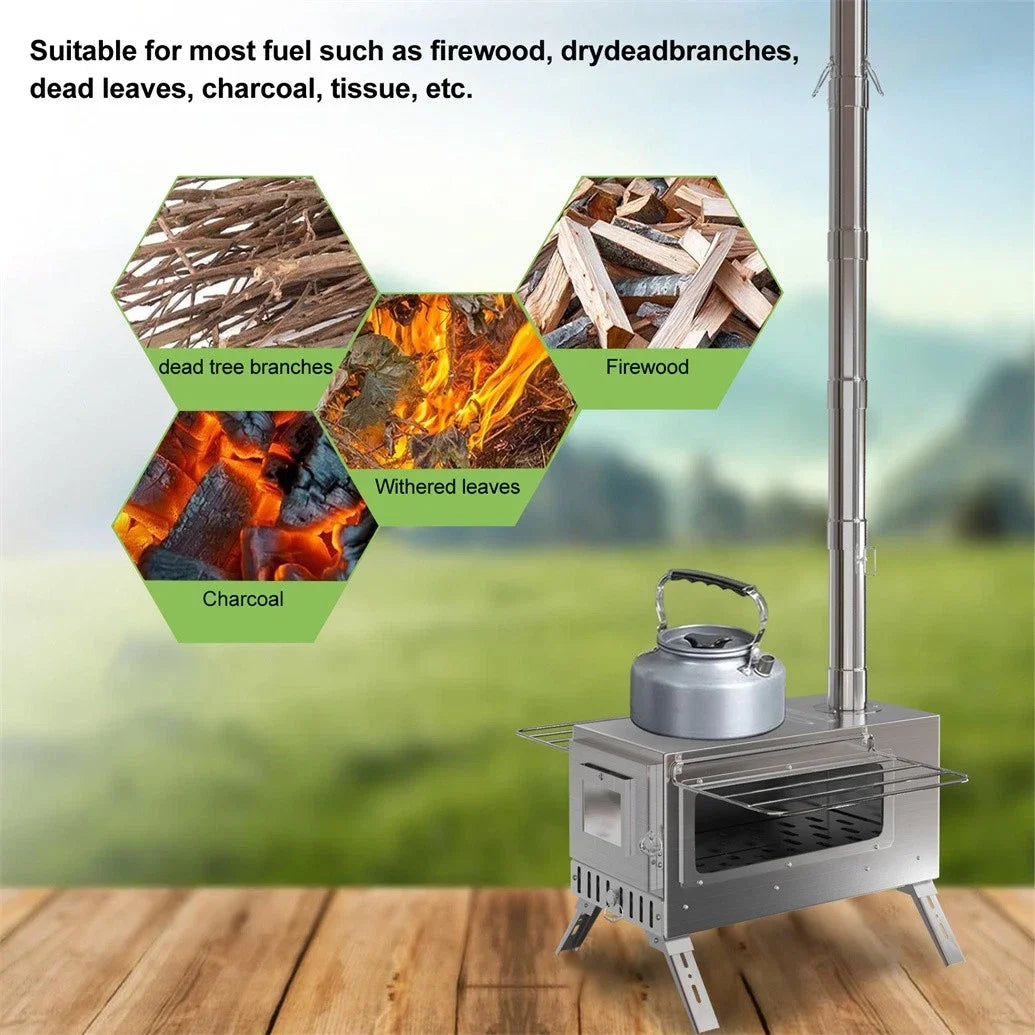 Portable Wood Stove Tent Wood Burning Stove Camping Wood Stove with Chimney Pipes Stainless Steel Backpacking Tent Log Burner Heater