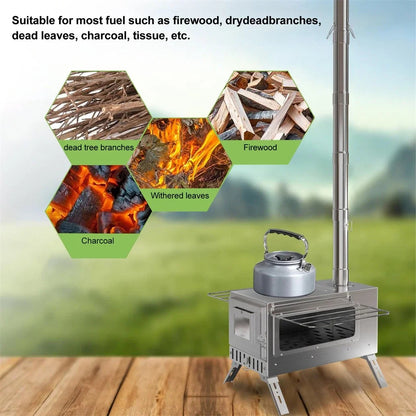 Portable Wood Stove Tent Wood Burning Stove Camping Wood Stove with Chimney Pipes Stainless Steel Backpacking Tent Log Burner Heater